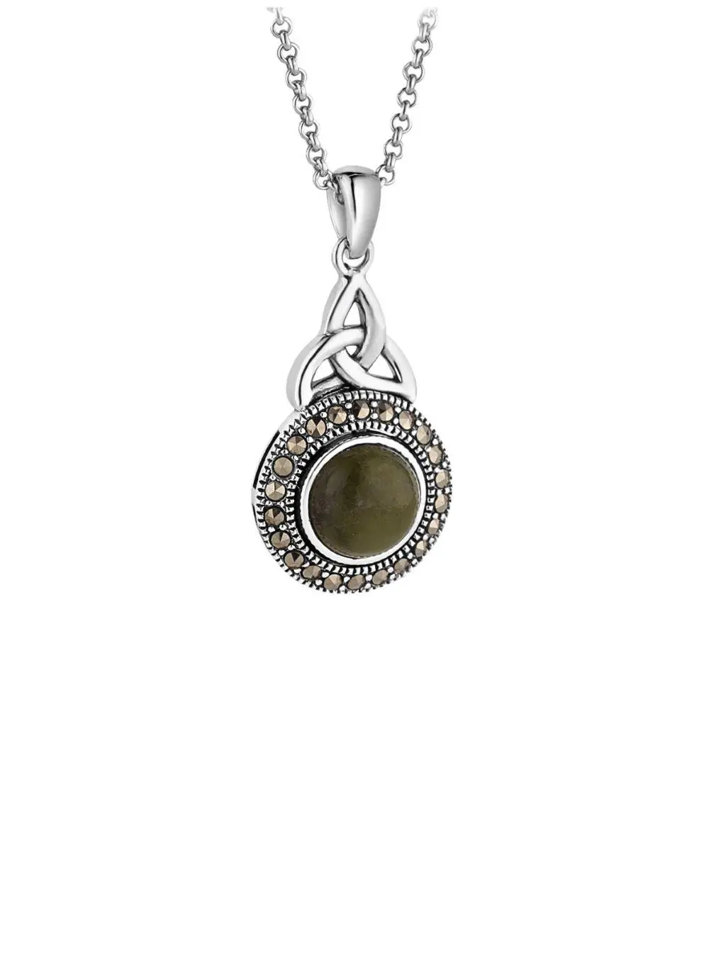 Sterling Silver & Connemara Marble Trinity Knot Pendant with Marcasite 